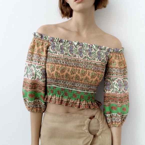 Zara Linen Floral Print Vintage Balloon Sleeve Peasant Blouse Cropped Top Sz SM - Picture 1 of 8